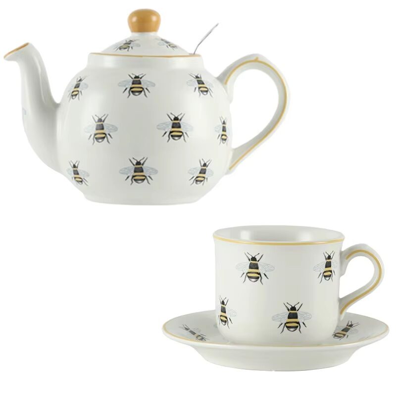 English Tea Cup & Saucer Teapot Set Bee Series