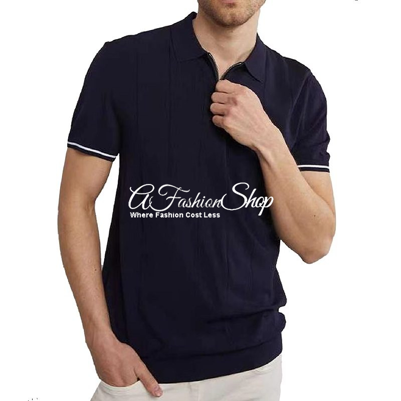 Blue Marine Polo Shirt For Men Collar With Zipper