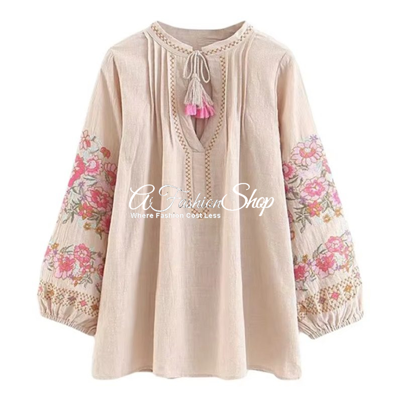 Spring Boho Floral Top Embroidery And Tassels