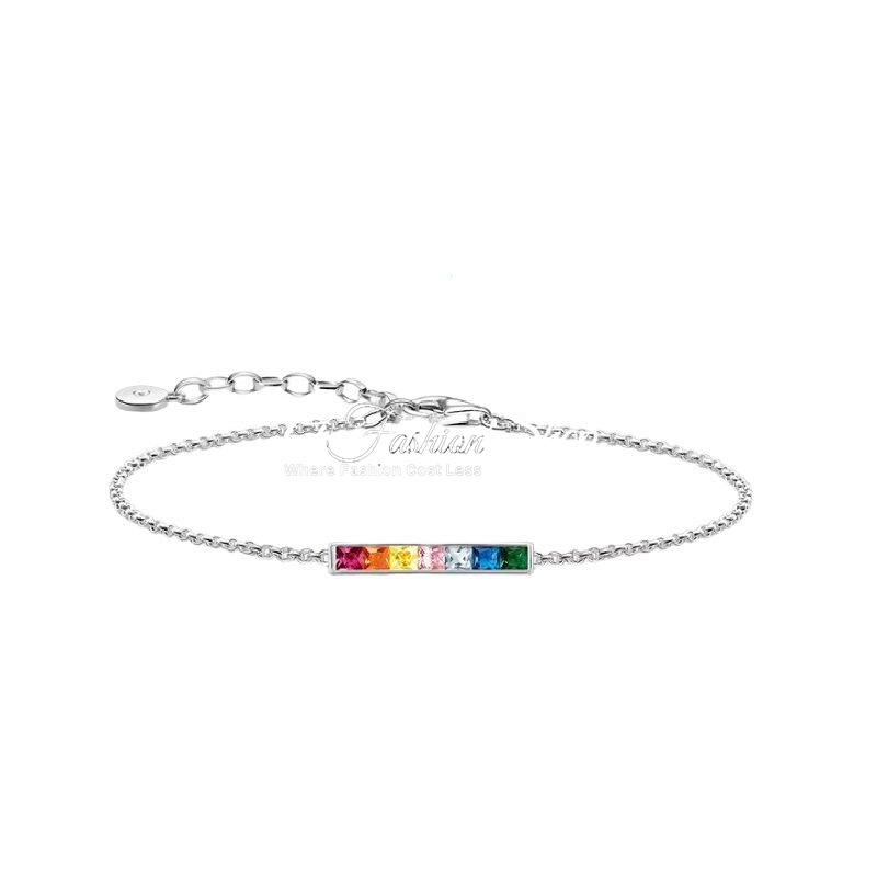 Silver Rainbow Color Stones Chain Bracelet