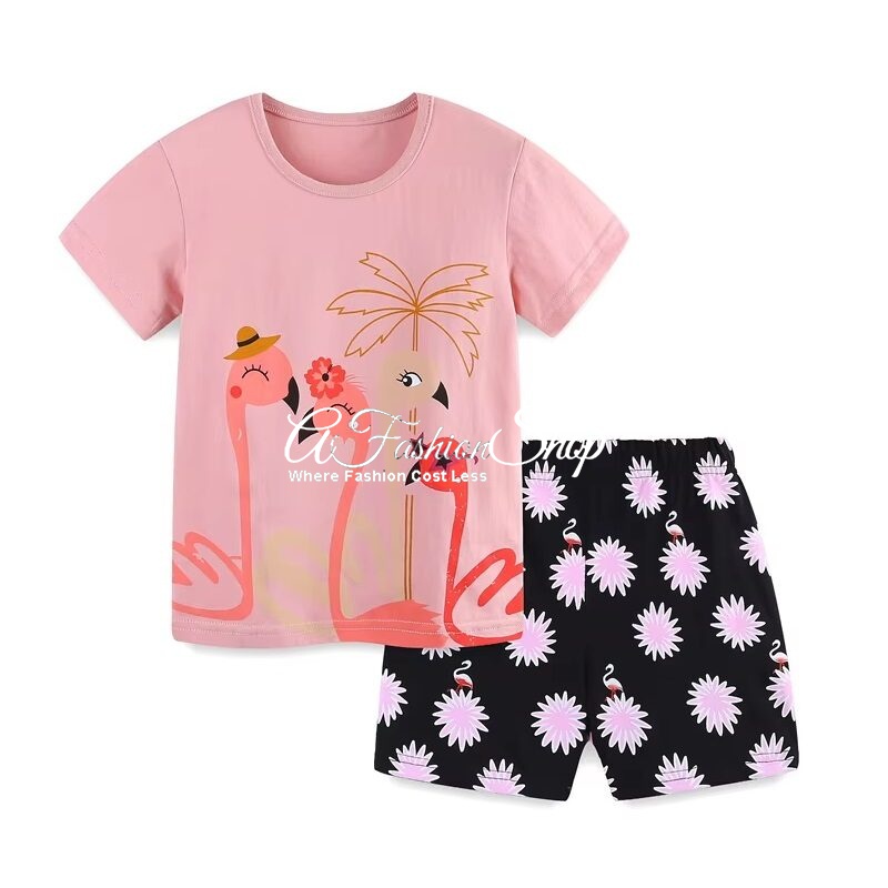 Girl’s Flamingo Tee & Shorts Black Pink
