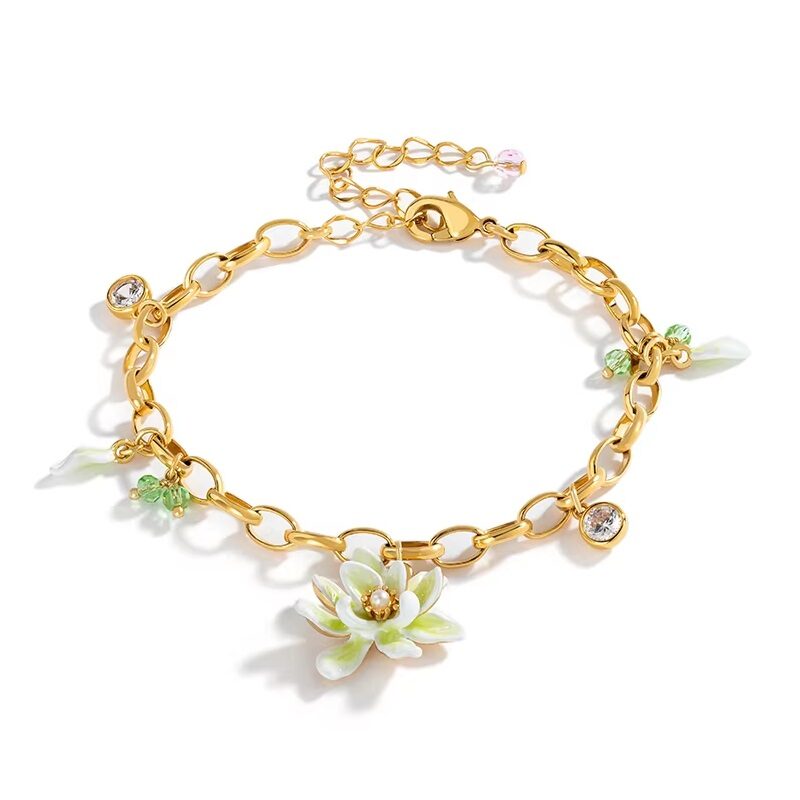 Hand-Painted Enamel Flower Gold Bracelet