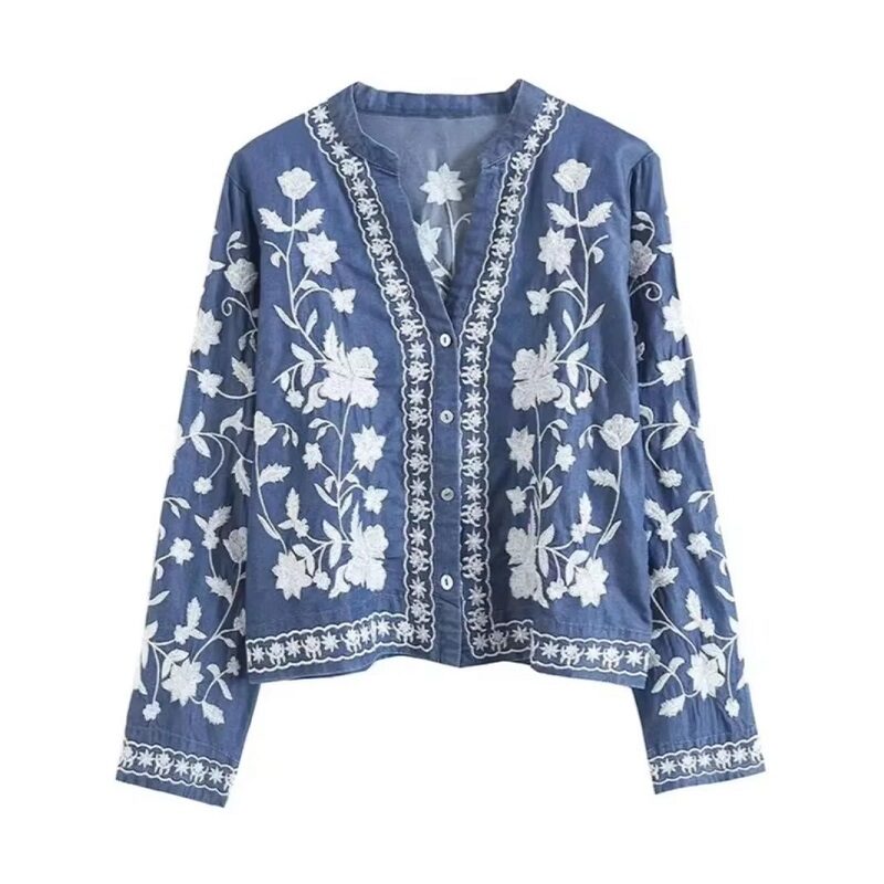 Blue Embroidery Long Sleeve Cropped Top