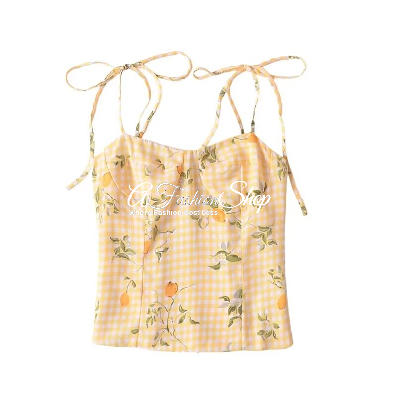 Ruffle Tie-Up Cotton Yellow Boxstripe Camis