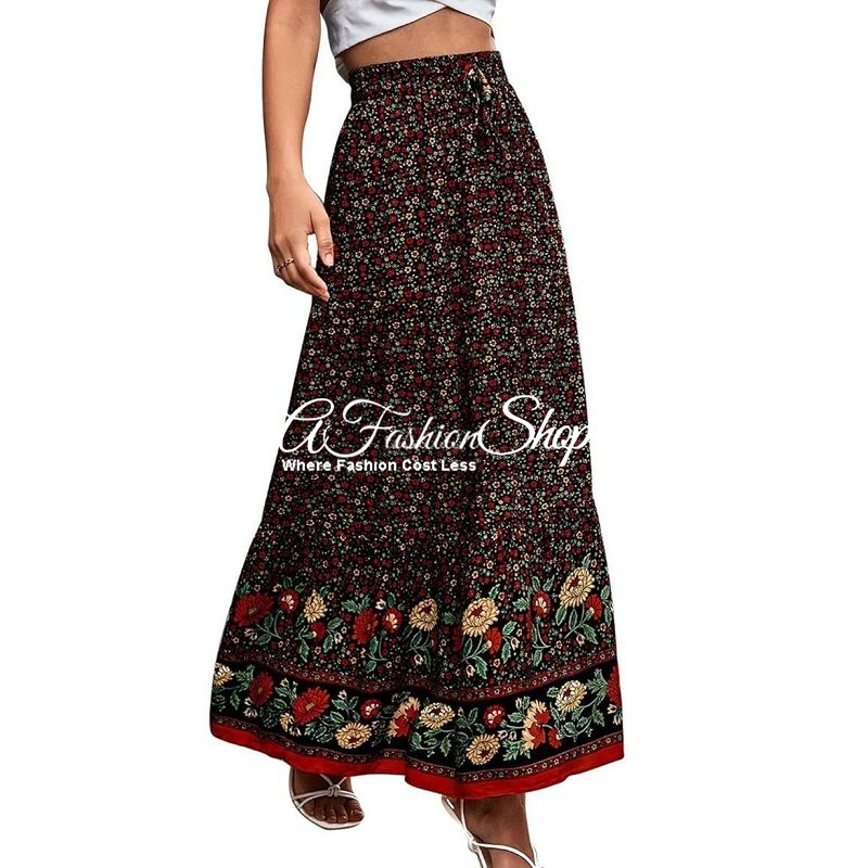 High Waist Long Skirt Pretty Floral Black
