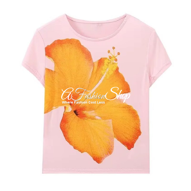 Floral Printed Hibiscus Cotton Pink Tee