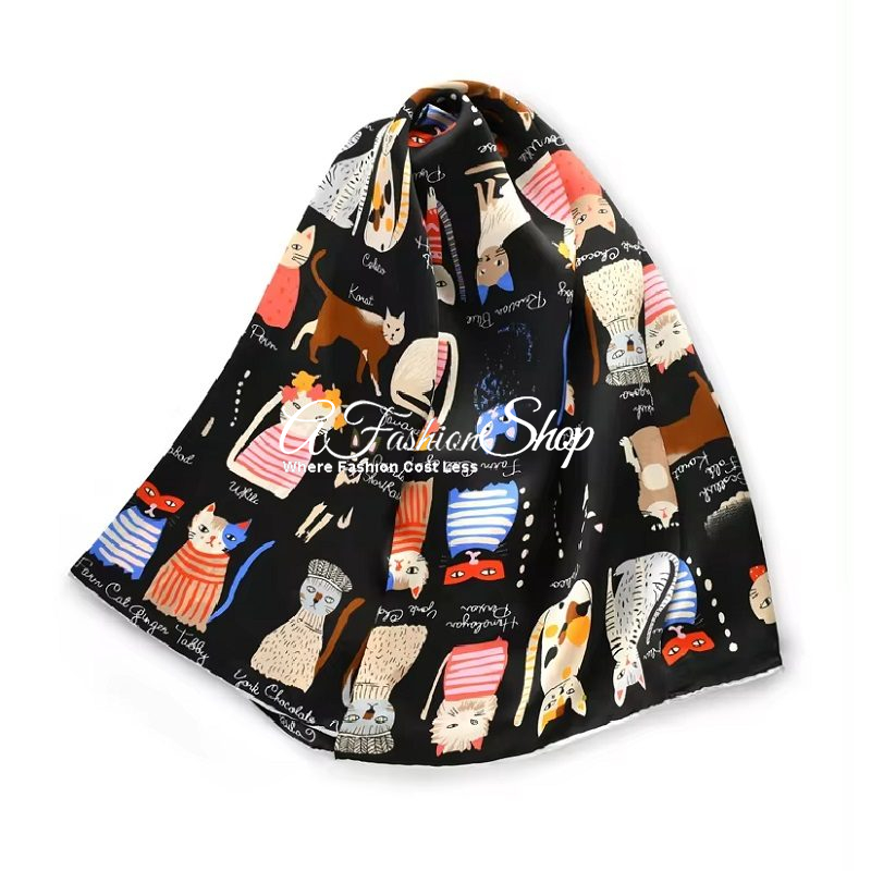 Calico Cat Day Square Silk Cat Printed Black