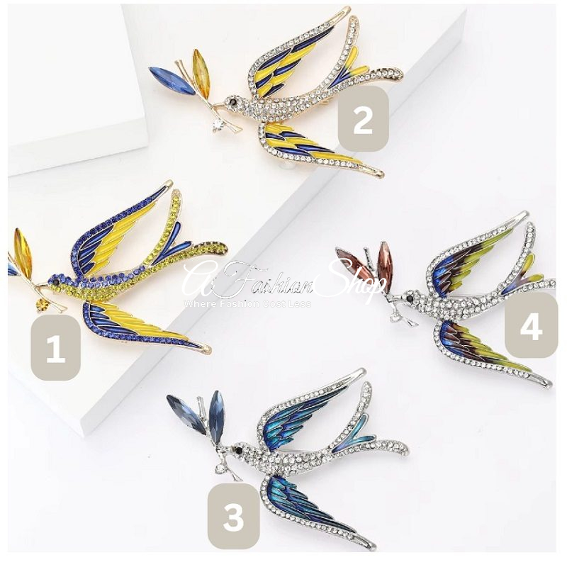 Headscarf Brooch Yellow Blue Bird Animal