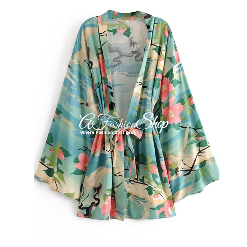 Short Kimono Oriental Motif Twill Belt -SkyBlue