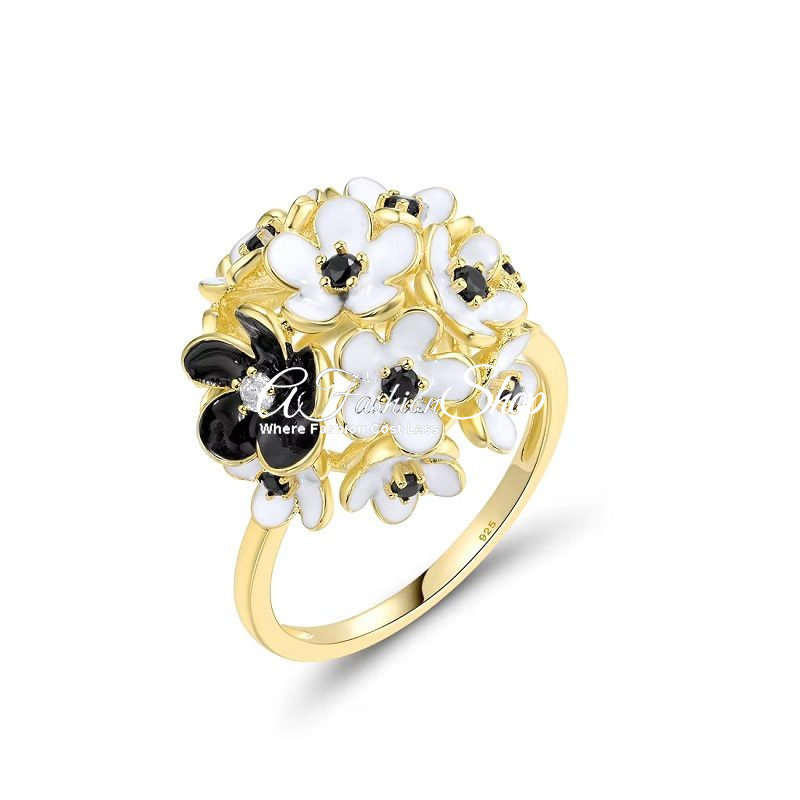 925 Gold Flower Ring Black Spinel