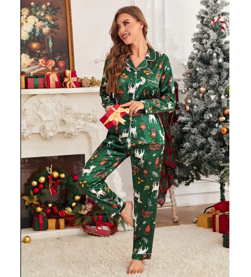 Women Satin Pajama Holiday Cheer Green