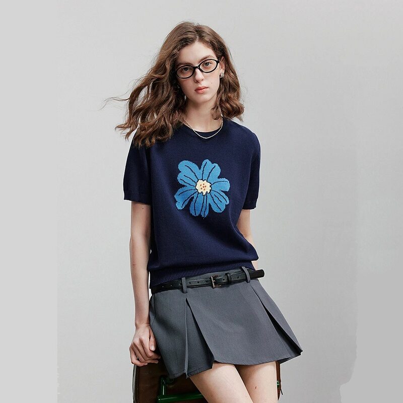 Vintage Romance Hand-Finished Floral Knit Navy Blue