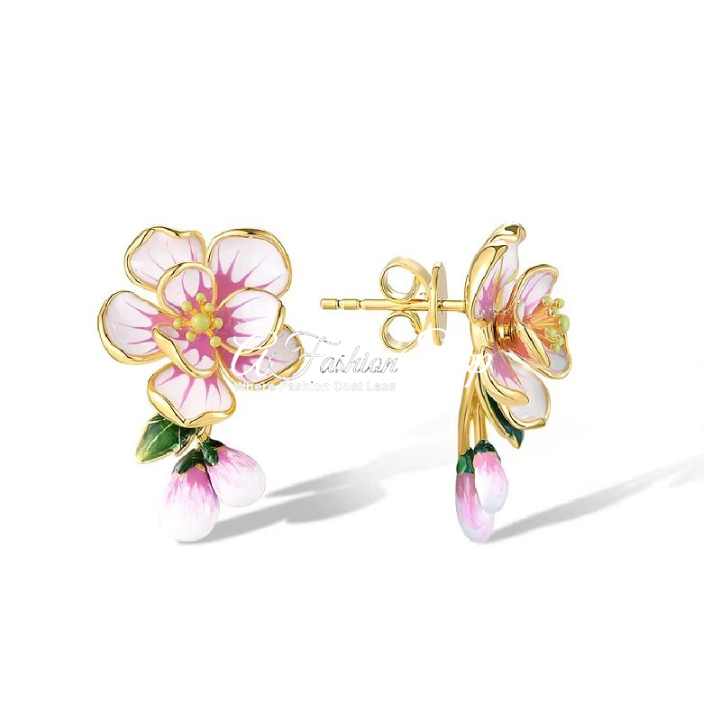 Pink Rosette Enamel Gold Earring