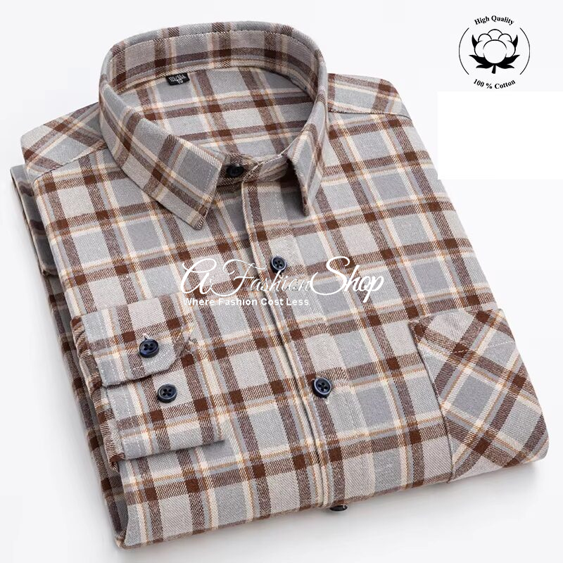 Brown Plaid Cotton Flannel Button-Down Dress Shirt