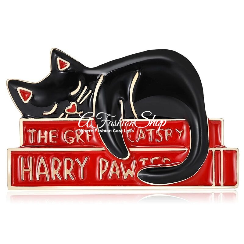 Famous Cat Sleepy Blacky & Book Brooch