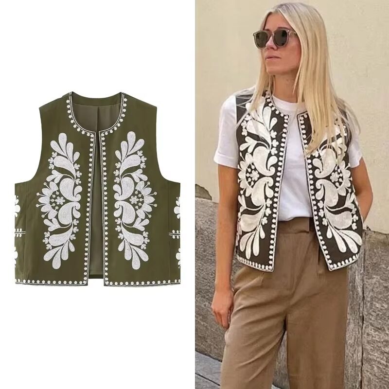 Sleeveless Embroidered Vest White/Yellow