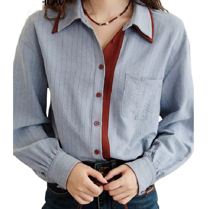 Blue Red Splicing Shirt – Contrast Lapel Button-Up